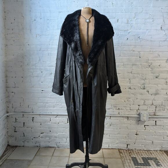 Vintage Black Leather Penny Lane Coat Faux Fur Trench Minimalist Goth Jacket - Picture 6 of 12